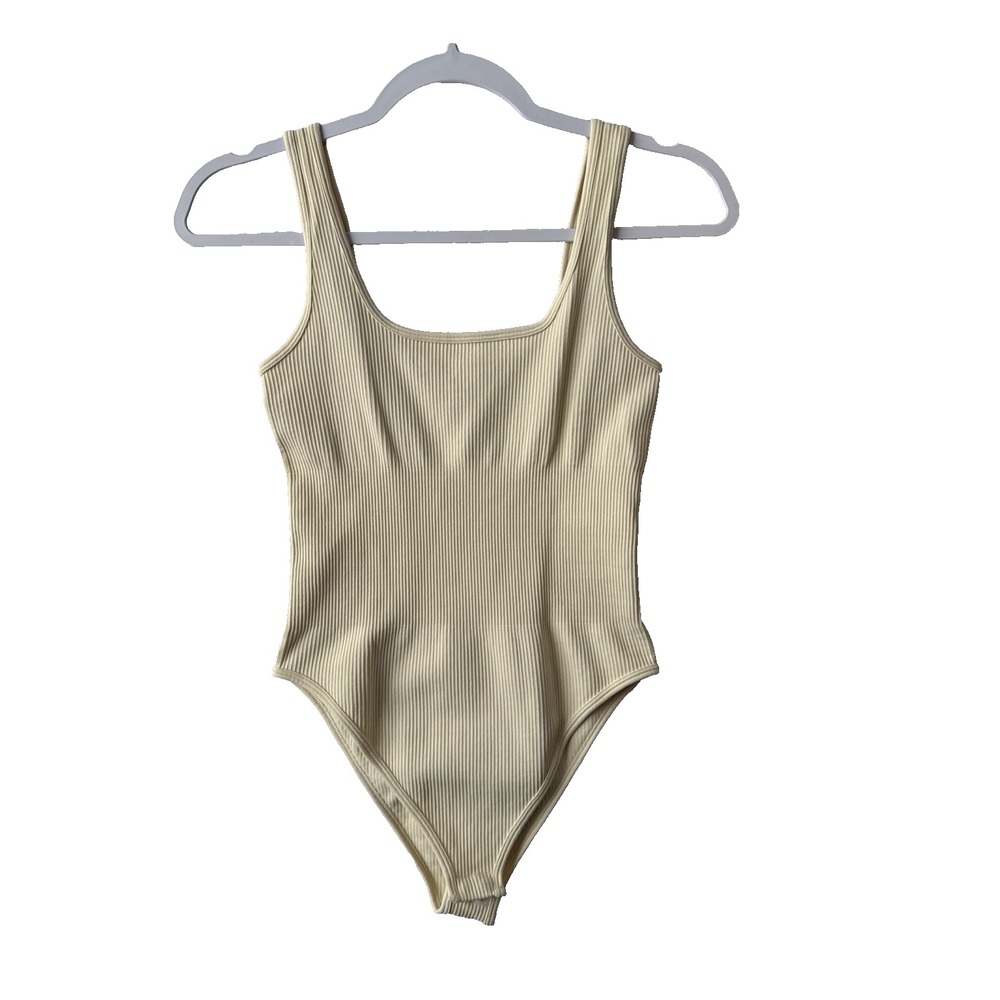 Sexy Ribbed Butter Yellow Stretch Cheeky Sleeveless Square Neck Bodysuit Small